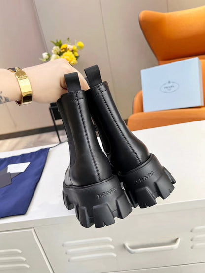 PRADA MONOLITH BRUSHED BOOTIES 55 BLACK CALFSKIN