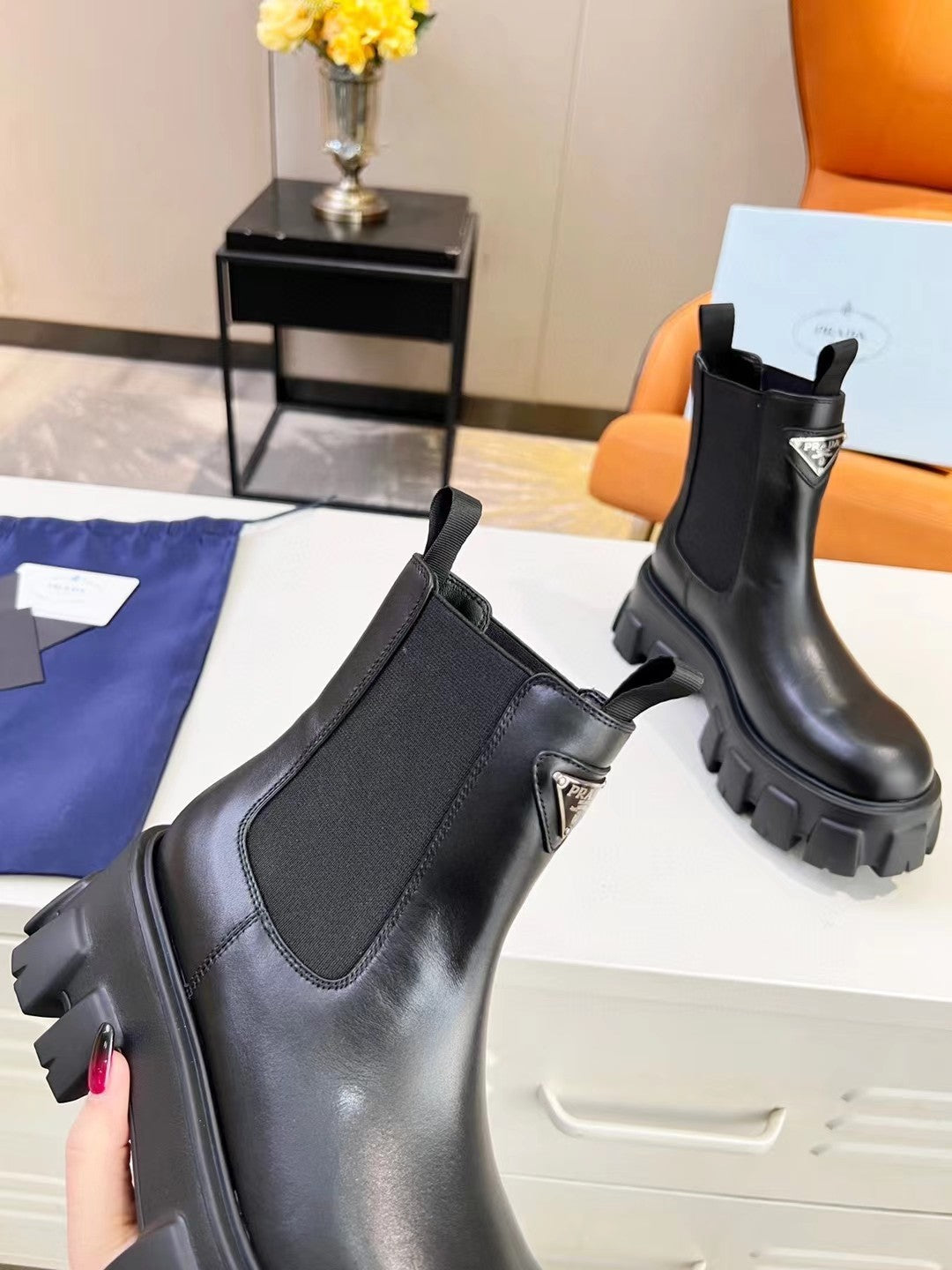 PRADA MONOLITH BRUSHED BOOTIES 55 BLACK CALFSKIN