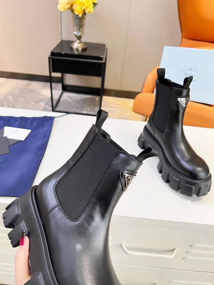 PRADA MONOLITH BRUSHED BOOTIES 55 BLACK CALFSKIN