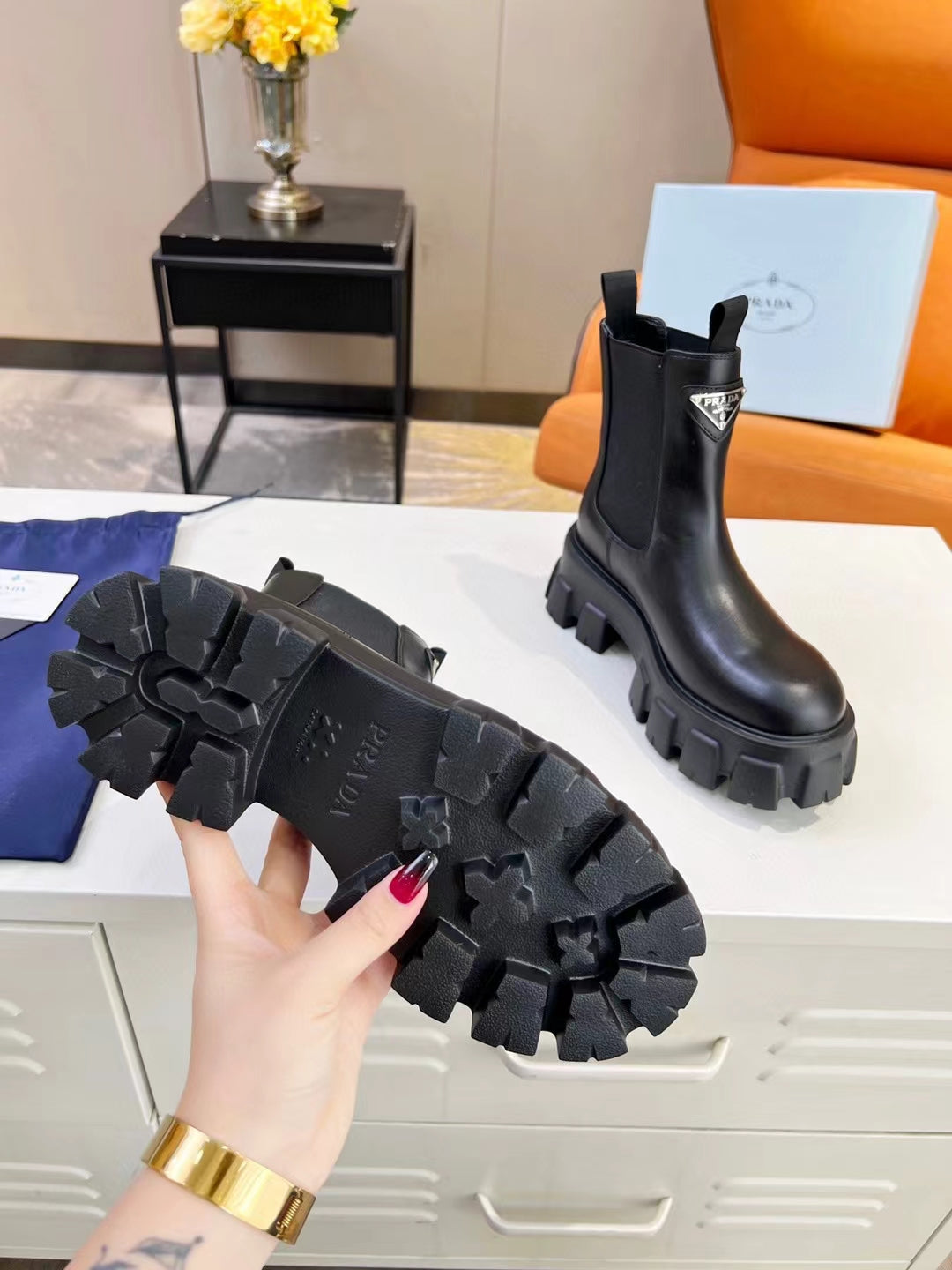 PRADA MONOLITH BRUSHED BOOTIES 55 BLACK CALFSKIN
