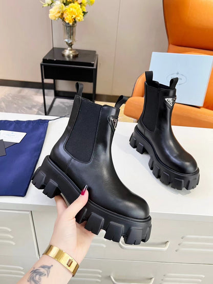 PRADA MONOLITH BRUSHED BOOTIES 55 BLACK CALFSKIN