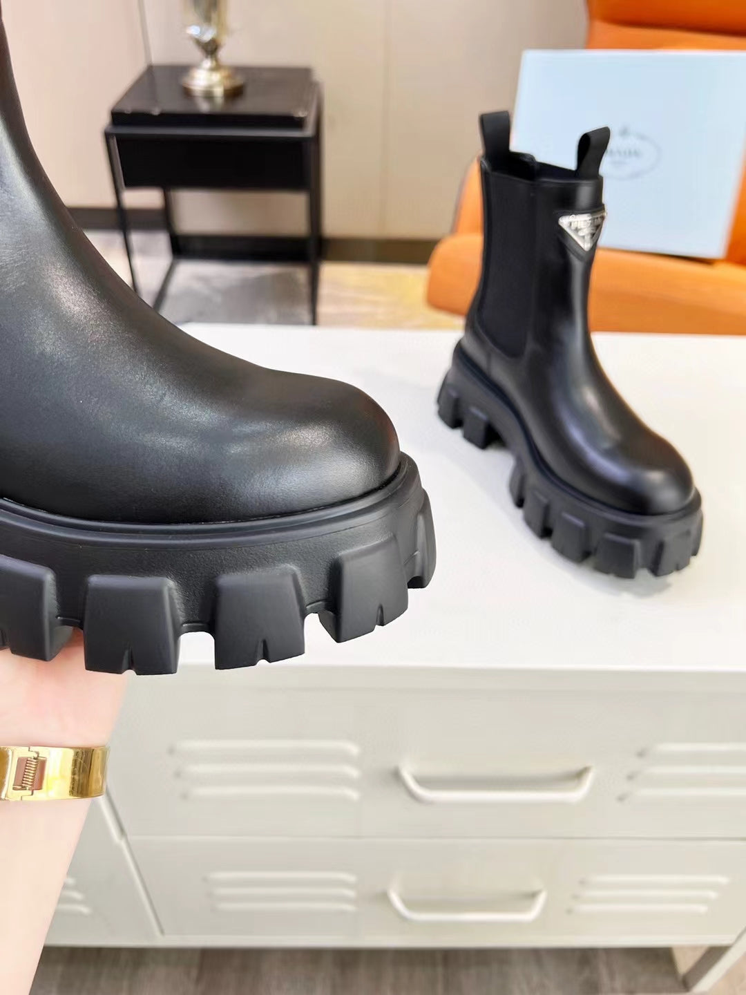 PRADA MONOLITH BRUSHED BOOTIES 55 BLACK CALFSKIN