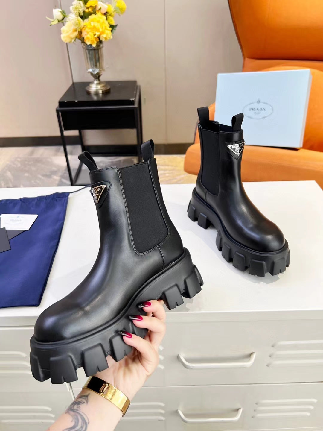 PRADA MONOLITH BRUSHED BOOTIES 55 BLACK CALFSKIN