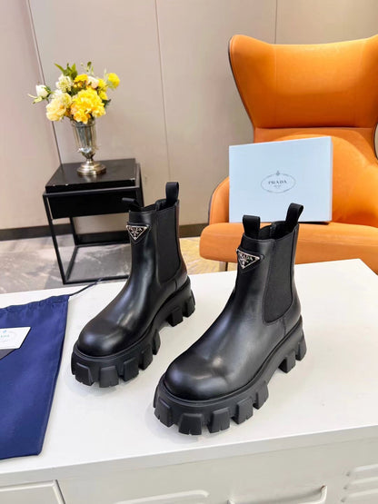PRADA MONOLITH BRUSHED BOOTIES 55 BLACK CALFSKIN