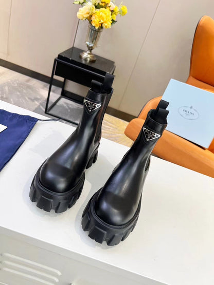 PRADA MONOLITH BRUSHED BOOTIES 55 BLACK CALFSKIN