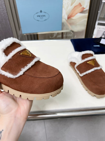 PRADA SUEDE AND SHEARLING MULES UMBER BROWN