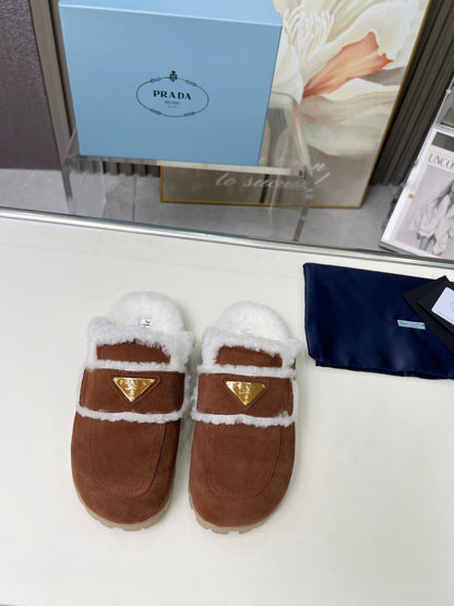 PRADA SUEDE AND SHEARLING MULES UMBER BROWN