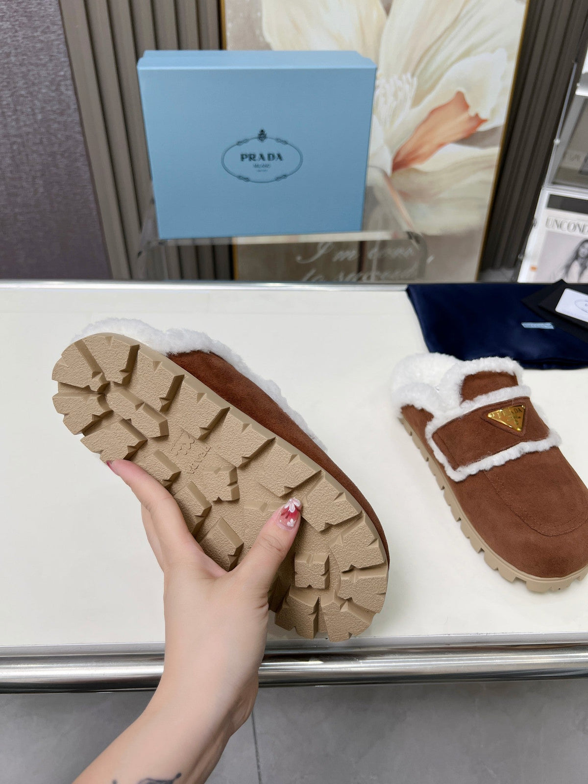 PRADA SUEDE AND SHEARLING MULES UMBER BROWN