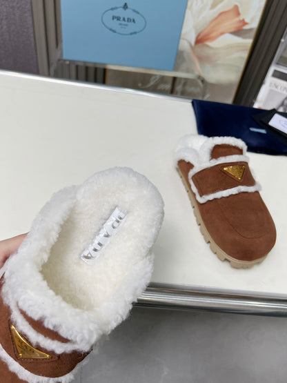 PRADA SUEDE AND SHEARLING MULES UMBER BROWN