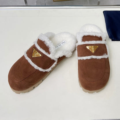 PRADA SUEDE AND SHEARLING MULES UMBER BROWN