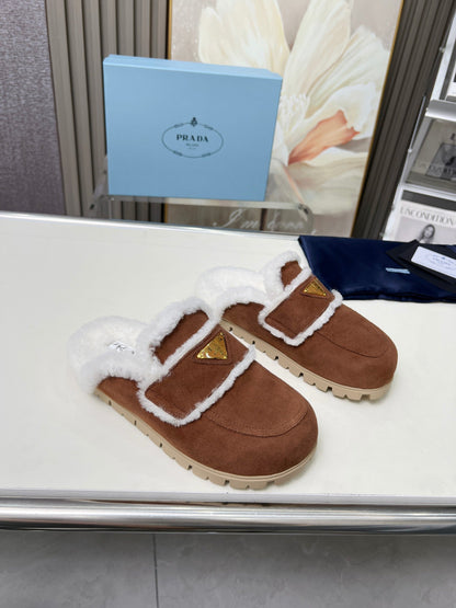 PRADA SUEDE AND SHEARLING MULES UMBER BROWN