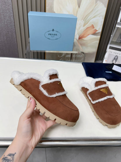 PRADA SUEDE AND SHEARLING MULES UMBER BROWN