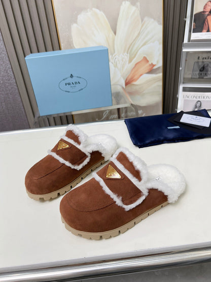 PRADA SUEDE AND SHEARLING MULES UMBER BROWN