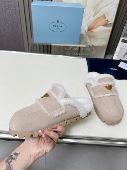PRADA SUEDE AND SHEARLING MULES BEIGE
