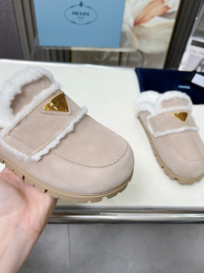 PRADA SUEDE AND SHEARLING MULES BEIGE