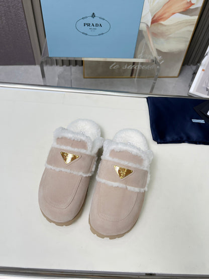 PRADA SUEDE AND SHEARLING MULES BEIGE
