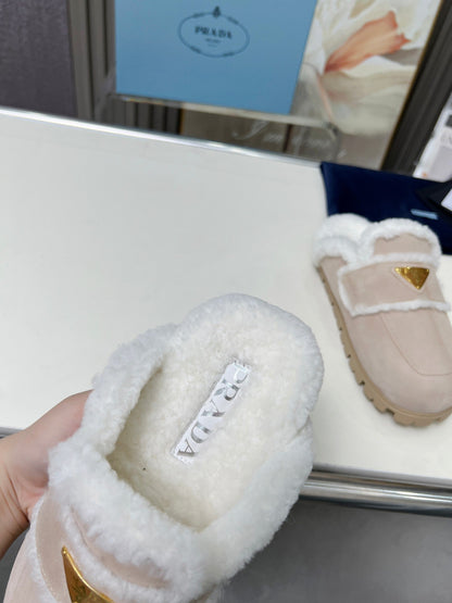 PRADA SUEDE AND SHEARLING MULES BEIGE