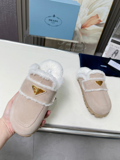 PRADA SUEDE AND SHEARLING MULES BEIGE