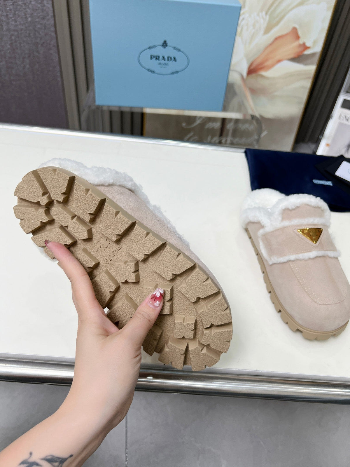 PRADA SUEDE AND SHEARLING MULES BEIGE