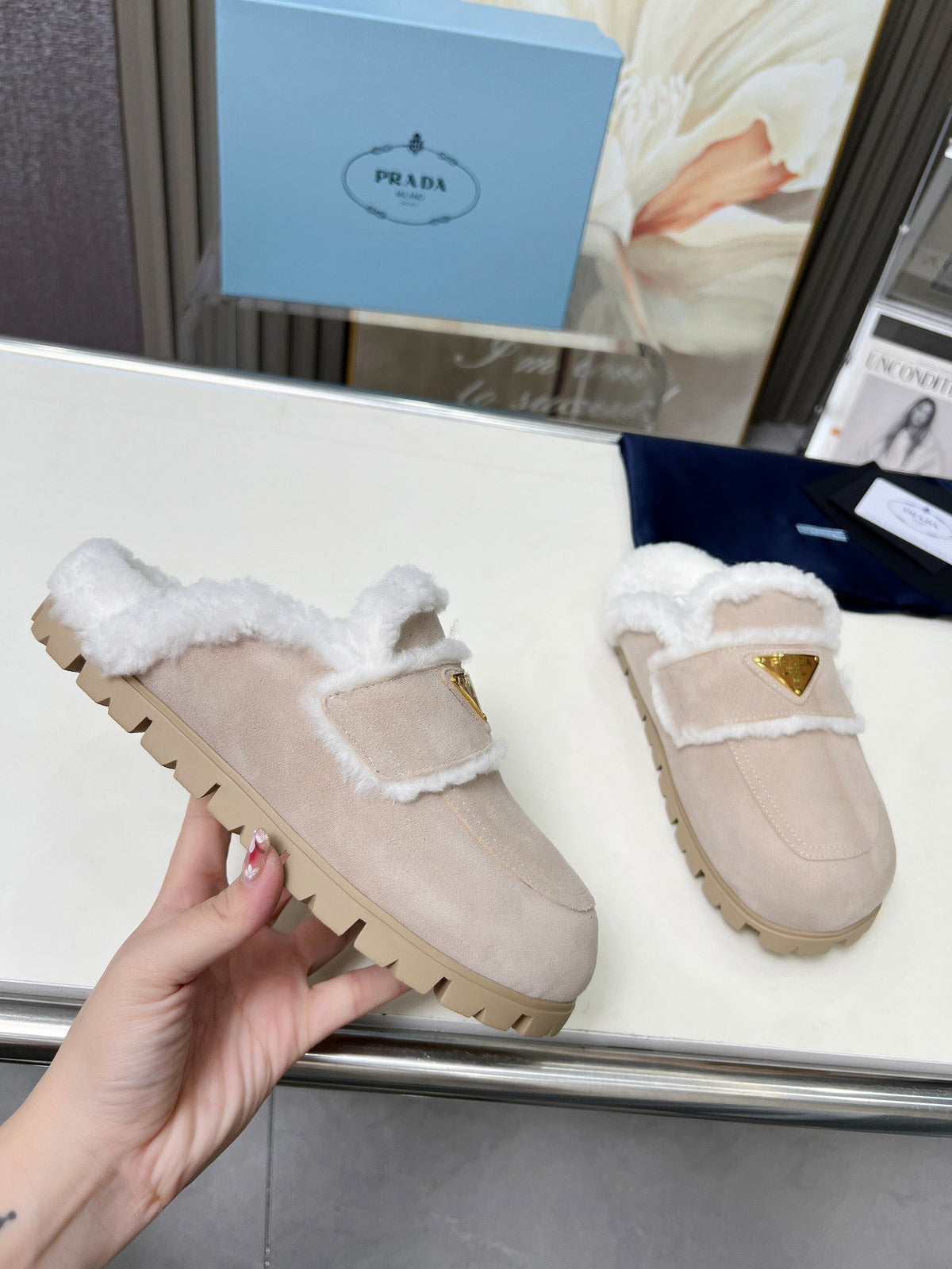 PRADA SUEDE AND SHEARLING MULES BEIGE