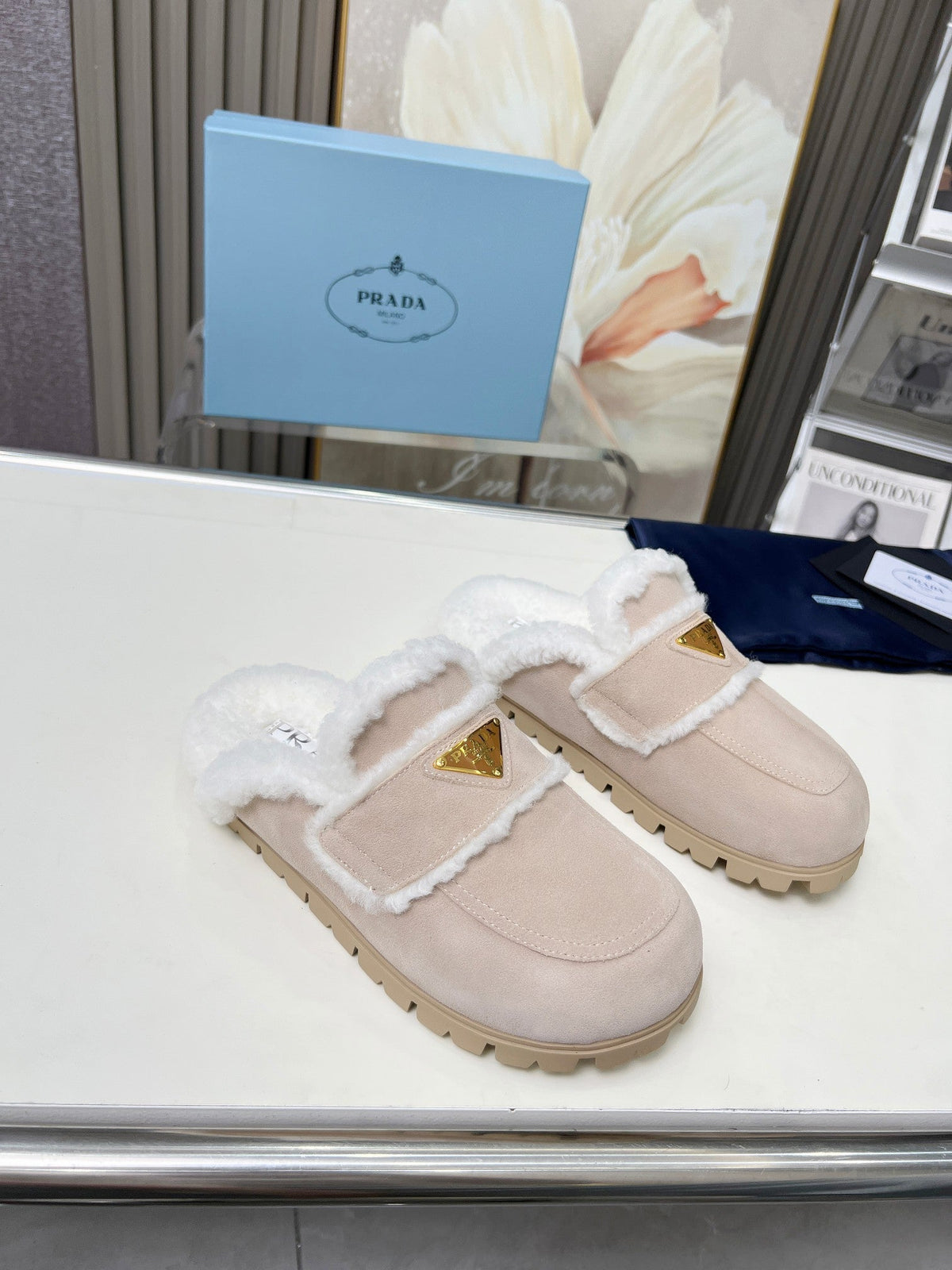 PRADA SUEDE AND SHEARLING MULES BEIGE