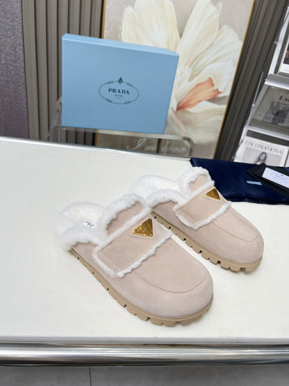 PRADA SUEDE AND SHEARLING MULES BEIGE
