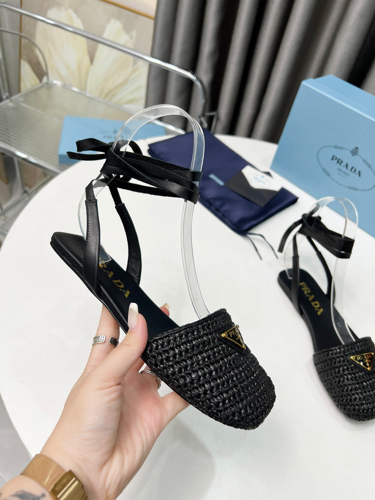 PRADA CROCHET SANLS IN BLACK FABRIC