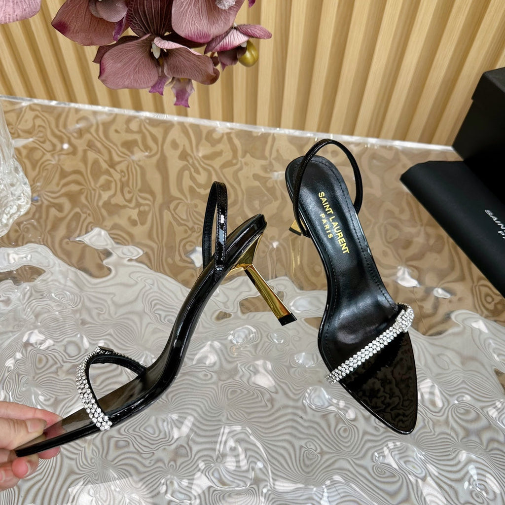 RENDEZ-VOUS SANDALS 70 IN SATIN CREPE PATENT BLACK LEATHER