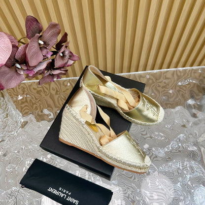 SL WEDGE SANDALS METALLIC GOLD CALFSKIN AND STRAW