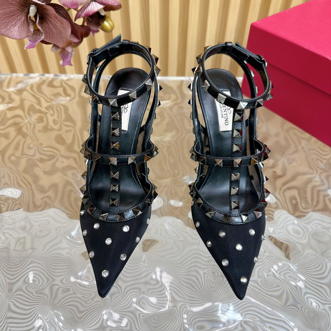 ROCKSTUD MIRROR-EFFECT PUMP WITH MATCHING STRAPS AND STUDS 95 MM BLACK CALFSKIN AND MESH