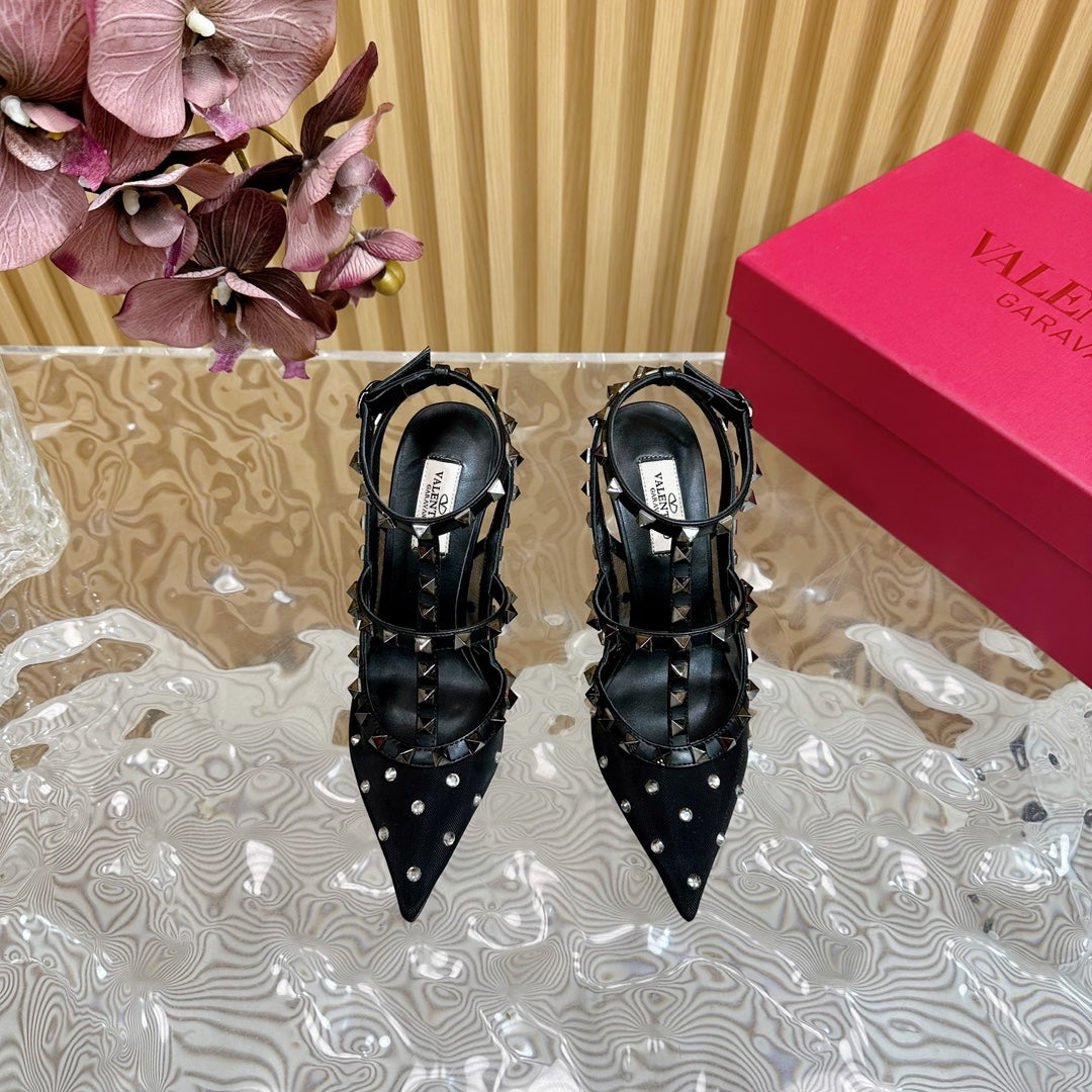 ROCKSTUD MIRROR-EFFECT PUMP WITH MATCHING STRAPS AND STUDS 95 MM BLACK CALFSKIN AND MESH