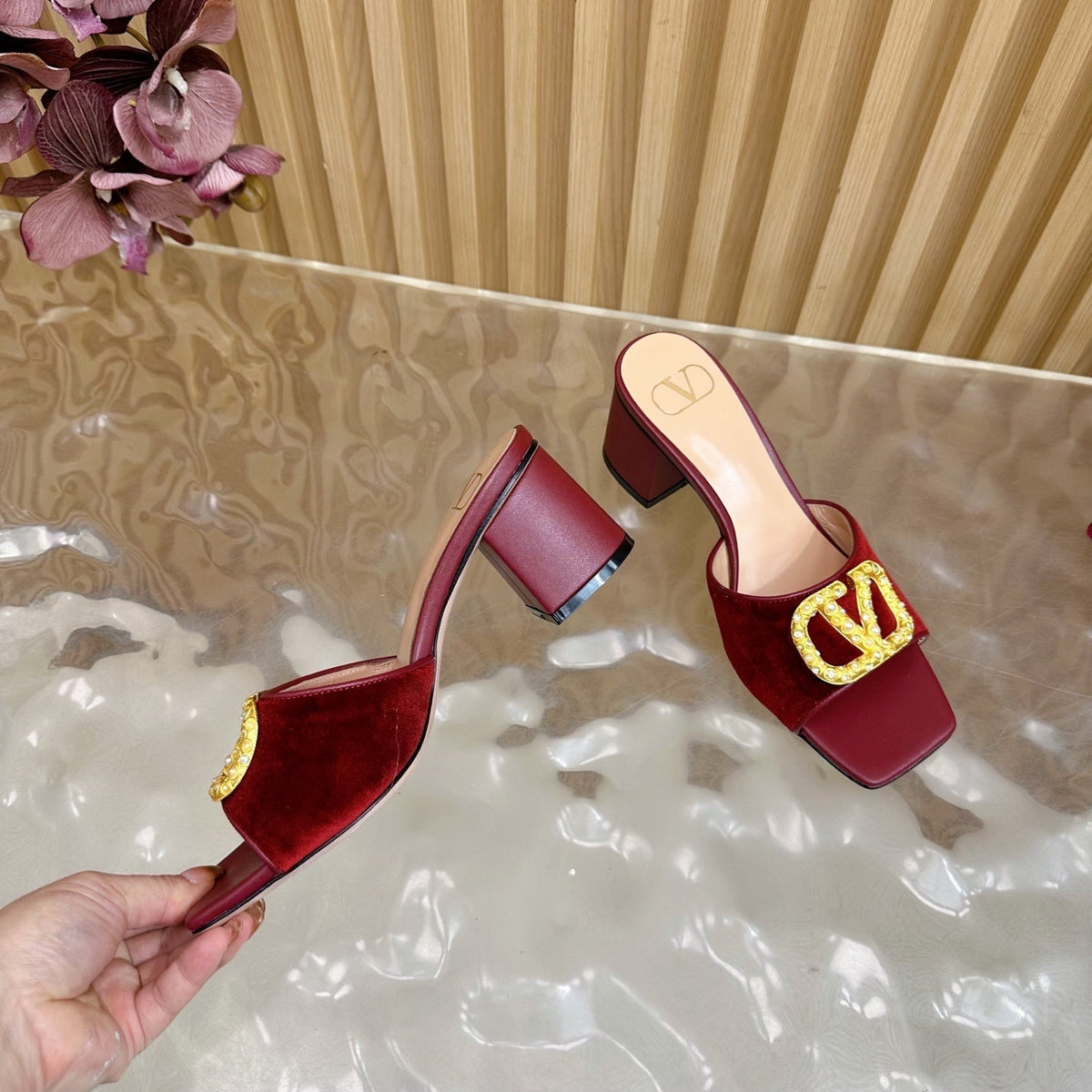 VALENTINO 25S HIGH-HEEL MULES 60 MM IN DARK RED VELVET AND CALFSKIN WITH GOLD HARDWARE
