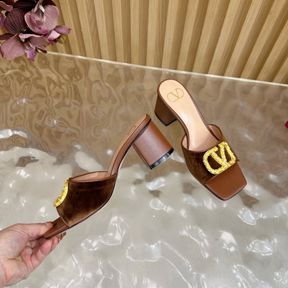 VALENTINO 25S HIGH-HEEL MULES 60 MM IN BROWN VELVET AND CALFSKIN WITH GOLD HARDWARE