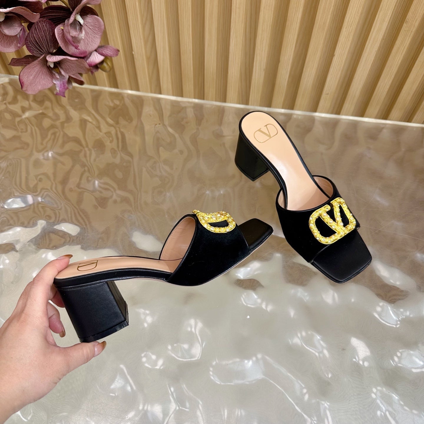 VALENTINO 25S HIGH-HEEL MULES 60 MM IN BLACK VELVET AND CALFSKIN WITH GOLD HARDWARE