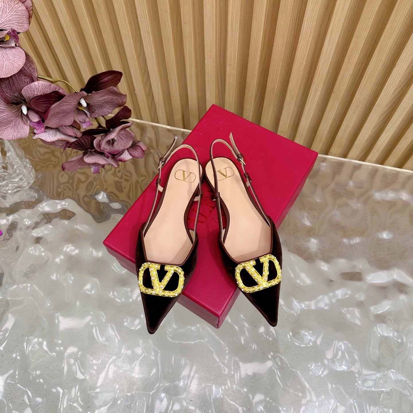 VALENTINO 25S FLAT SLINGBACKS IN DARK BROWN VELVET WITH GOLD HARDWARE
