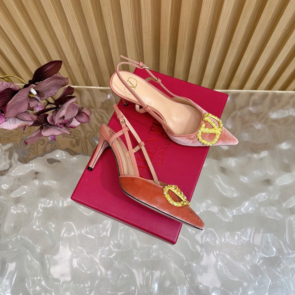 VALENTINO 25S HIGH-HEEL SLINGBACKS IN ORANGE VELVET WITH GOLD HARDWARE