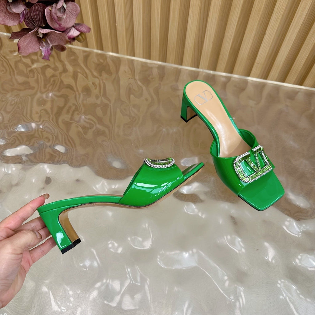 VALENTINO 25S HIGH-HEEL MULES 60 MM IN GREEN PATENT CALFSKIN WITH CRYSTAL-EMBELLISHED STRAP