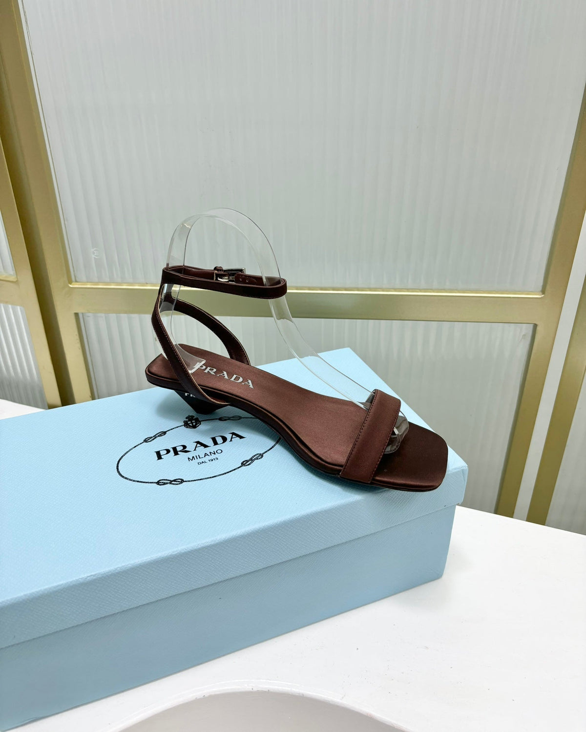 PRADA TRIANGLE HEEL SATIN SANLS BROWN
