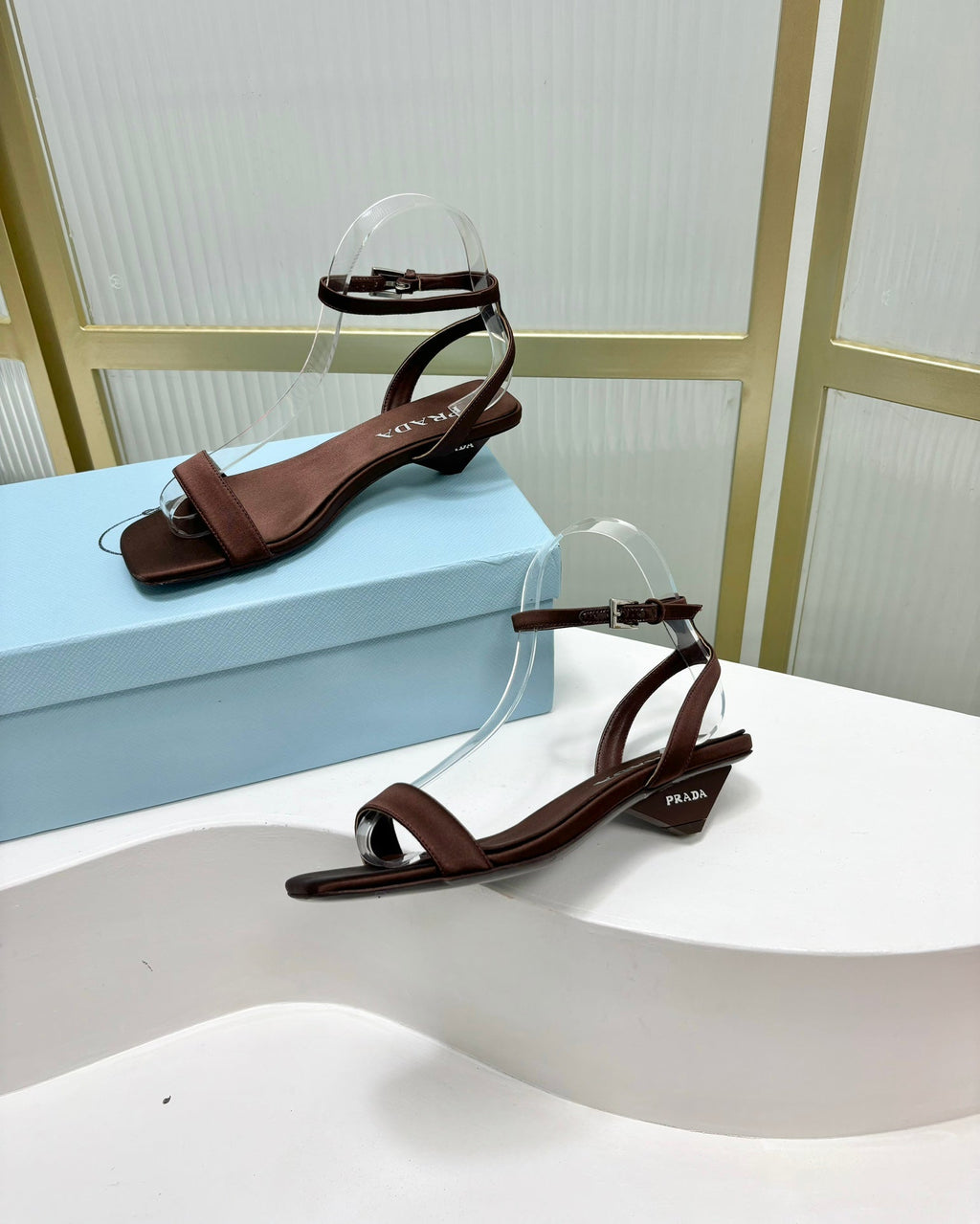 PRADA TRIANGLE HEEL SATIN SANLS BROWN