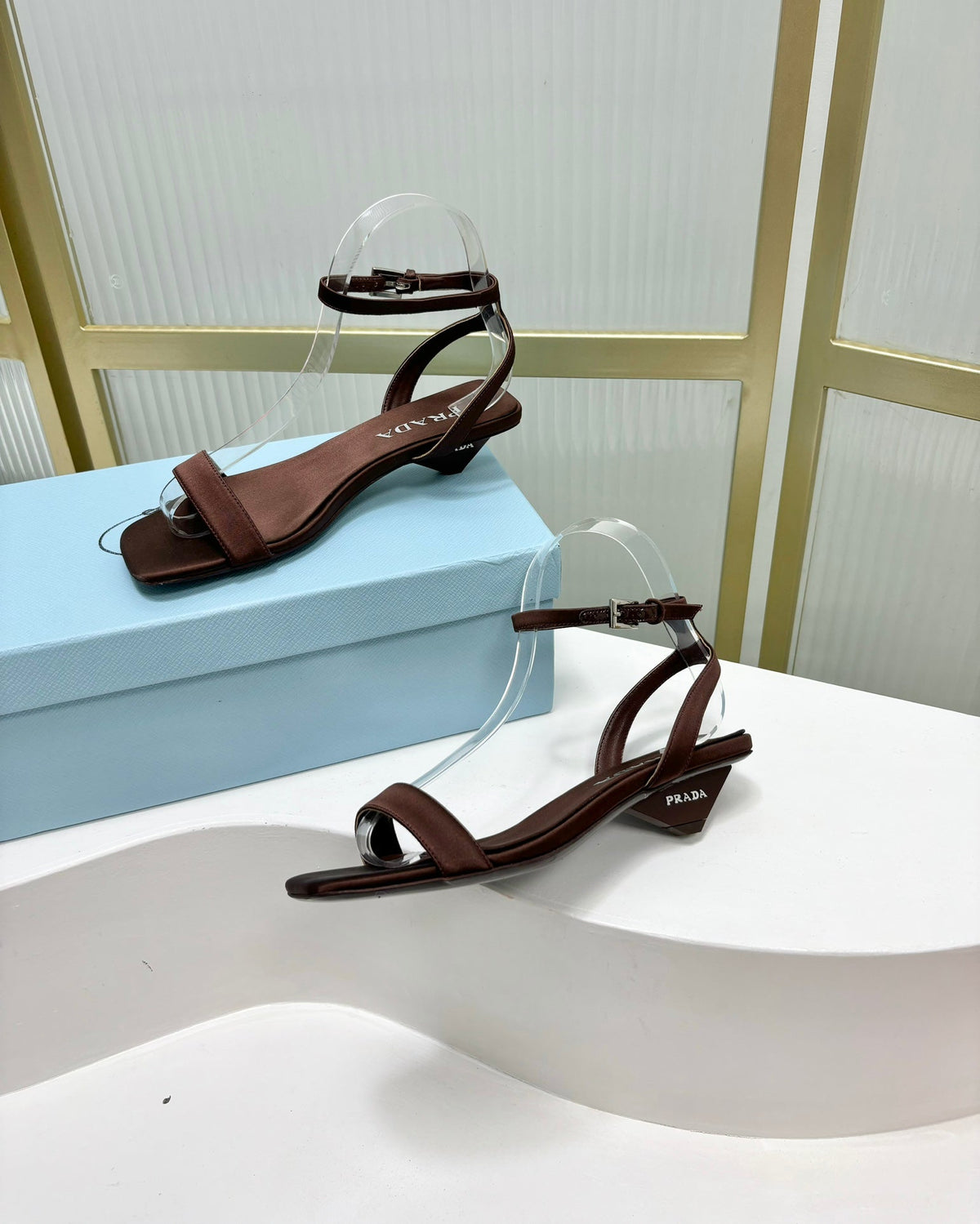 PRADA TRIANGLE HEEL SATIN SANLS BROWN