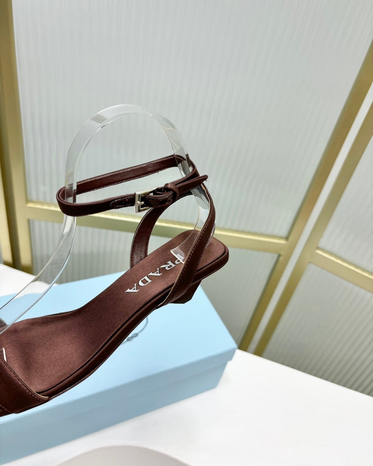PRADA TRIANGLE HEEL SATIN SANLS BROWN
