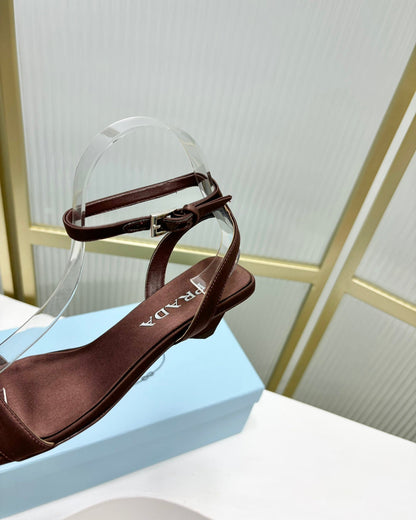 PRADA TRIANGLE HEEL SATIN SANLS BROWN