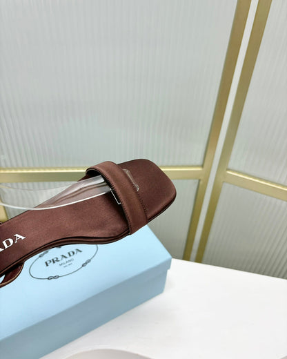 PRADA TRIANGLE HEEL SATIN SANLS BROWN