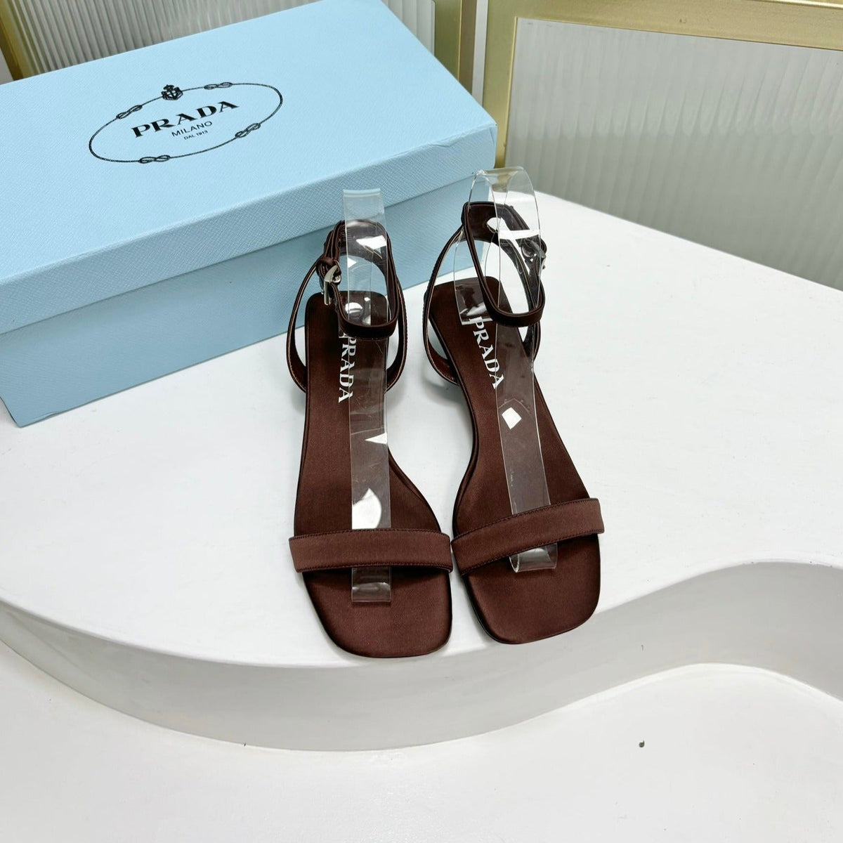 PRADA TRIANGLE HEEL SATIN SANLS BROWN