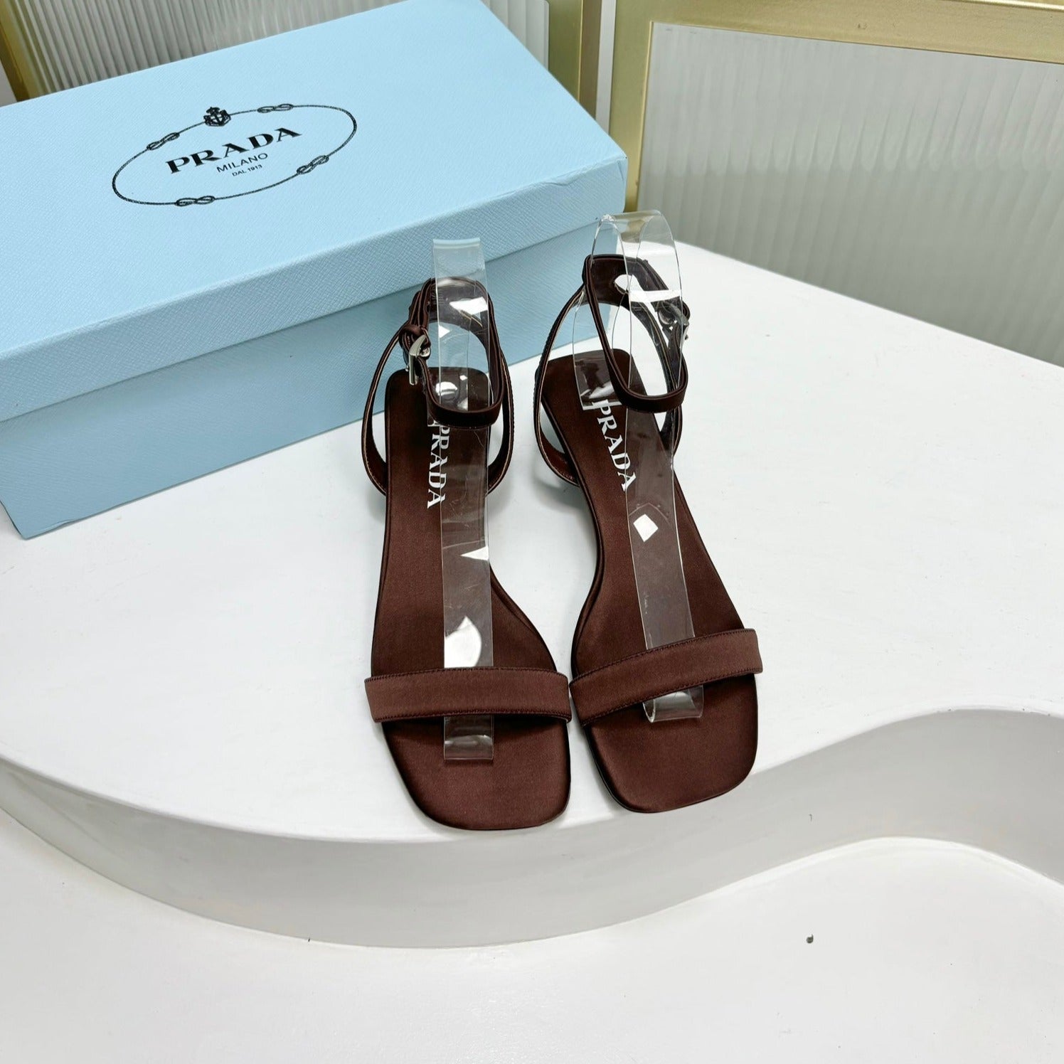 PRADA TRIANGLE HEEL SATIN SANLS BROWN