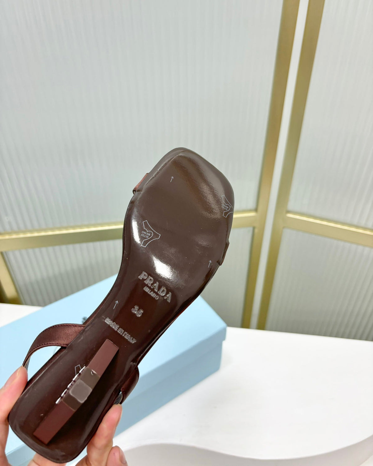 PRADA TRIANGLE HEEL SATIN SANLS BROWN
