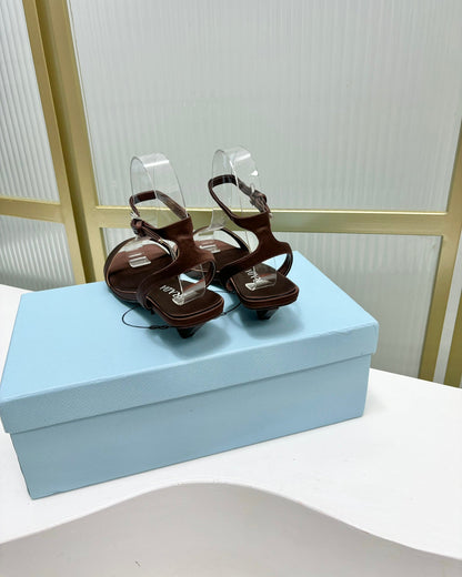 PRADA TRIANGLE HEEL SATIN SANLS BROWN