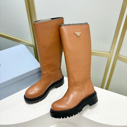 PRADA KNEE BOOTS WITH TRIANGLE LOGO IN CAMEL CALFSKIN