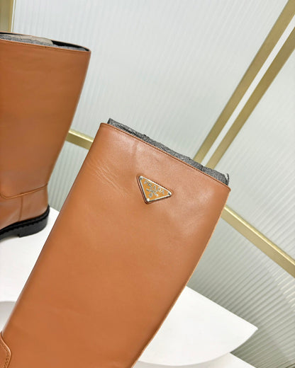 PRADA KNEE BOOTS WITH TRIANGLE LOGO IN CAMEL CALFSKIN