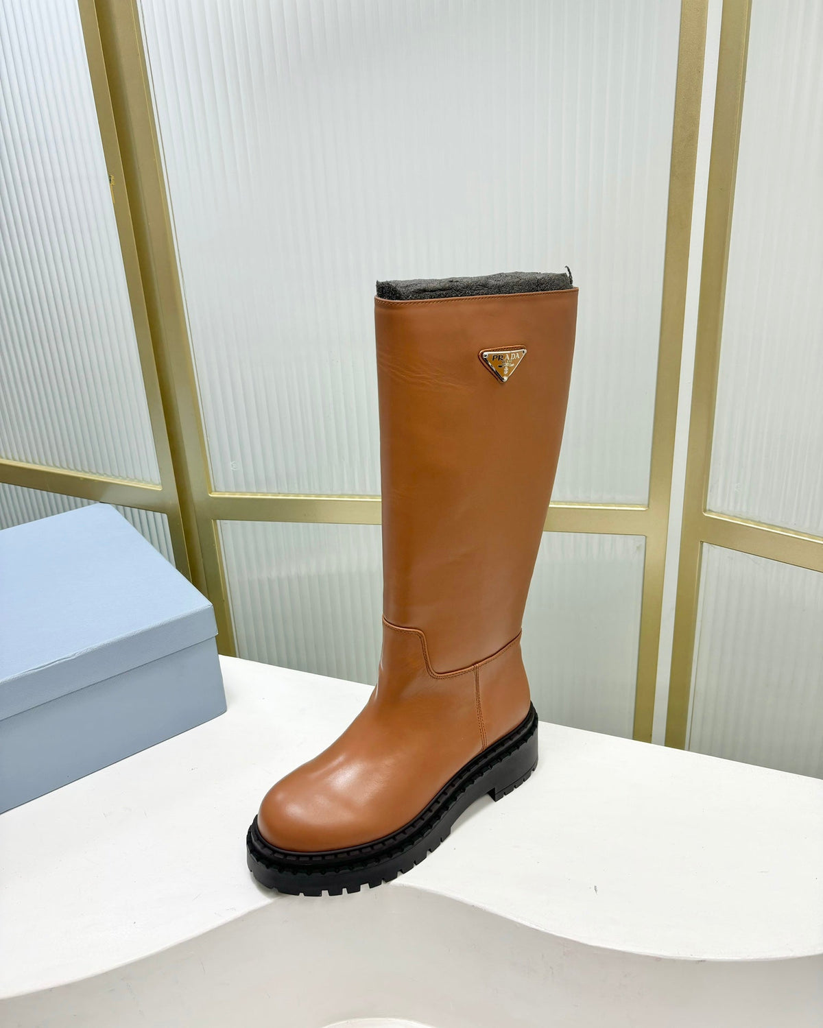PRADA KNEE BOOTS WITH TRIANGLE LOGO IN CAMEL CALFSKIN